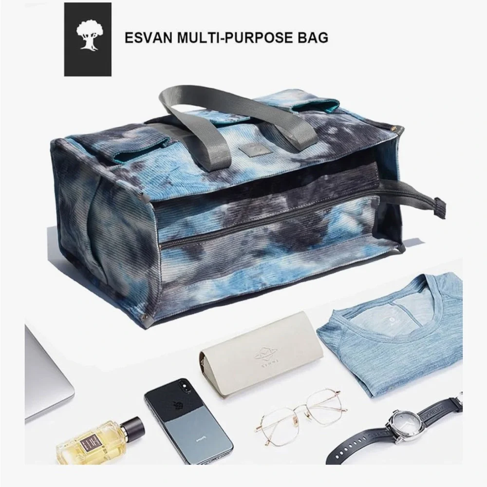 Corduroy Stylish Blue Tie-Dye Zipper Top Waterproof Sturdy Tote Bag - Picture 3 of 5